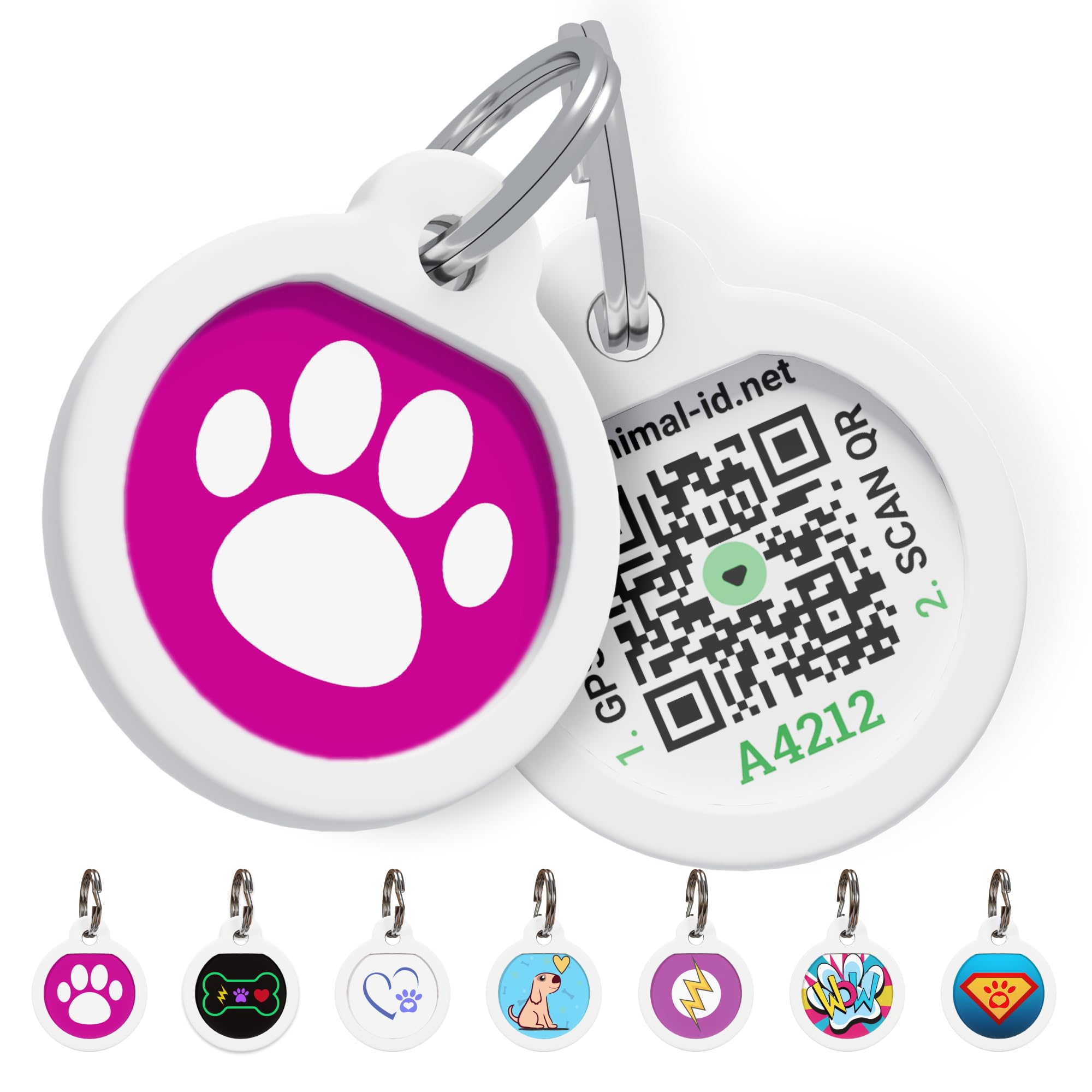 QR Code Dog Tag Silent Id Pet Tags Personalized Name Plate with Online Profile (Pink Paw Small_Round)