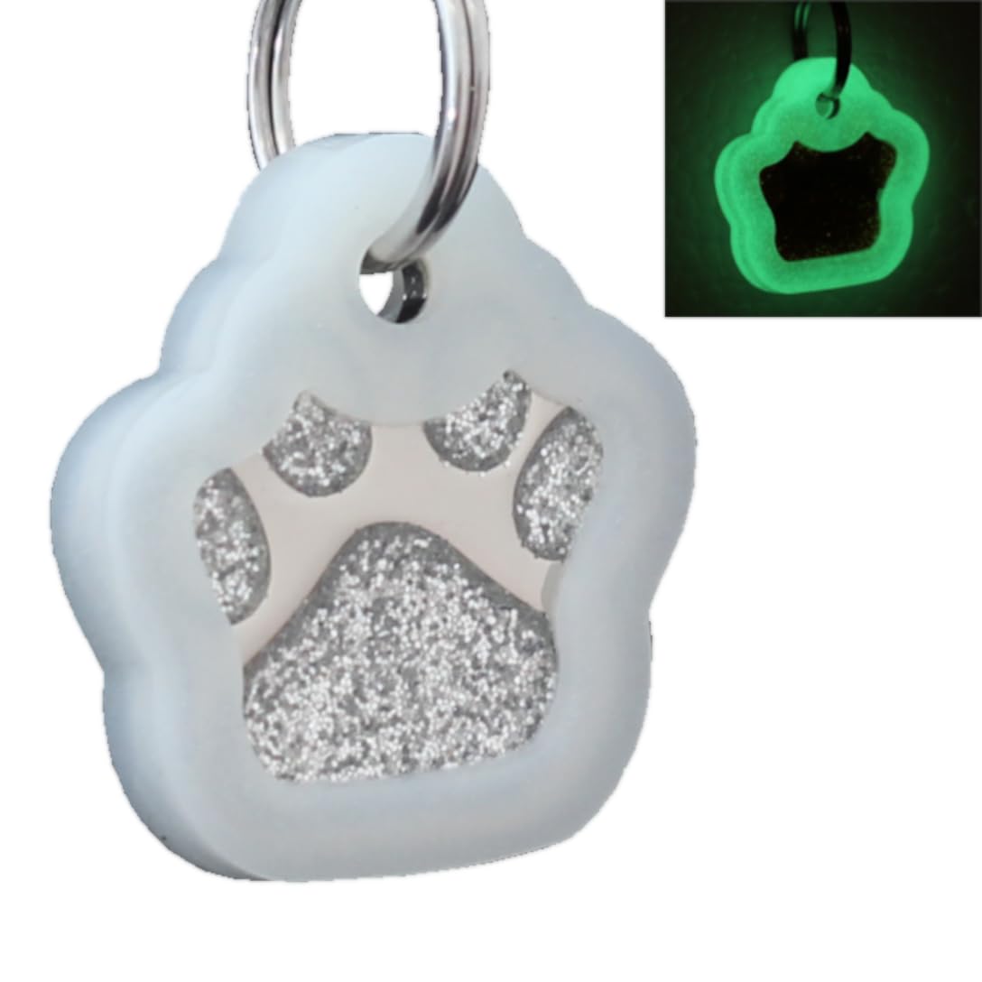 Generic io Tags Pet ID Tags Personalized Dog Tags and Cat Tags Custom Engraved Easy to Read Cute Glitter Paw Pet Tag (Silver + Silencer)